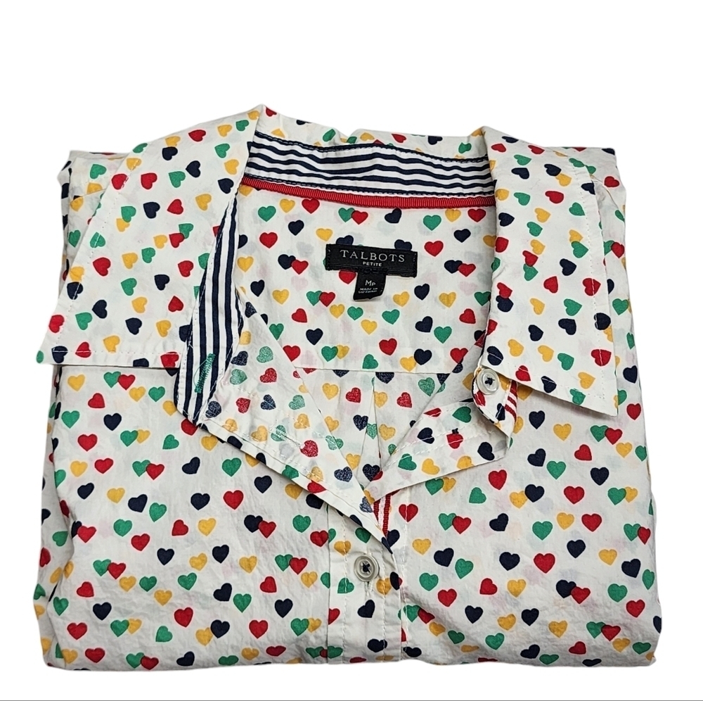 Talbots Multi Color‎ Heart Print Collared Button Front Shirt Preppy Valentine's